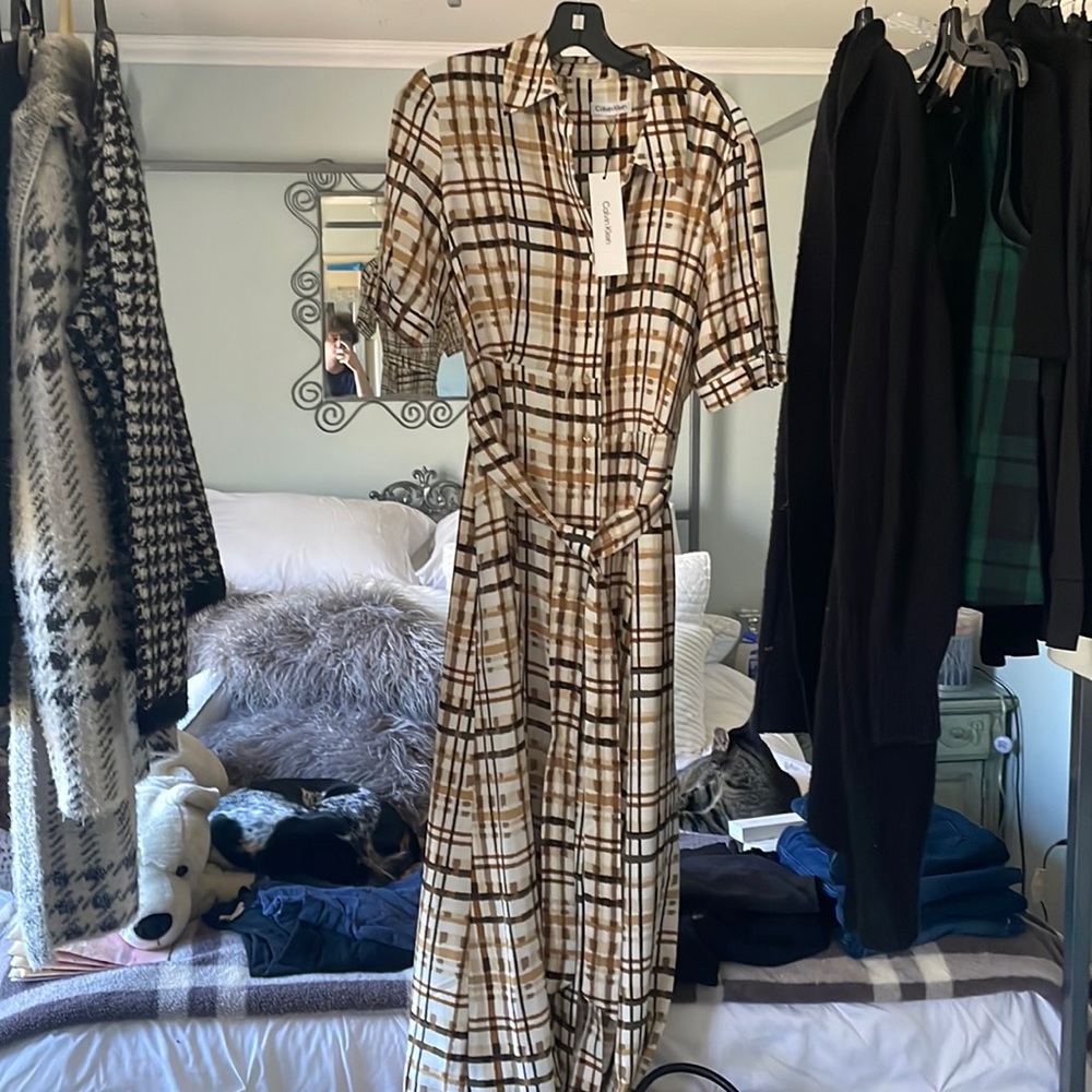 Plaid Calvin Klein belted dress. BRAND NEW